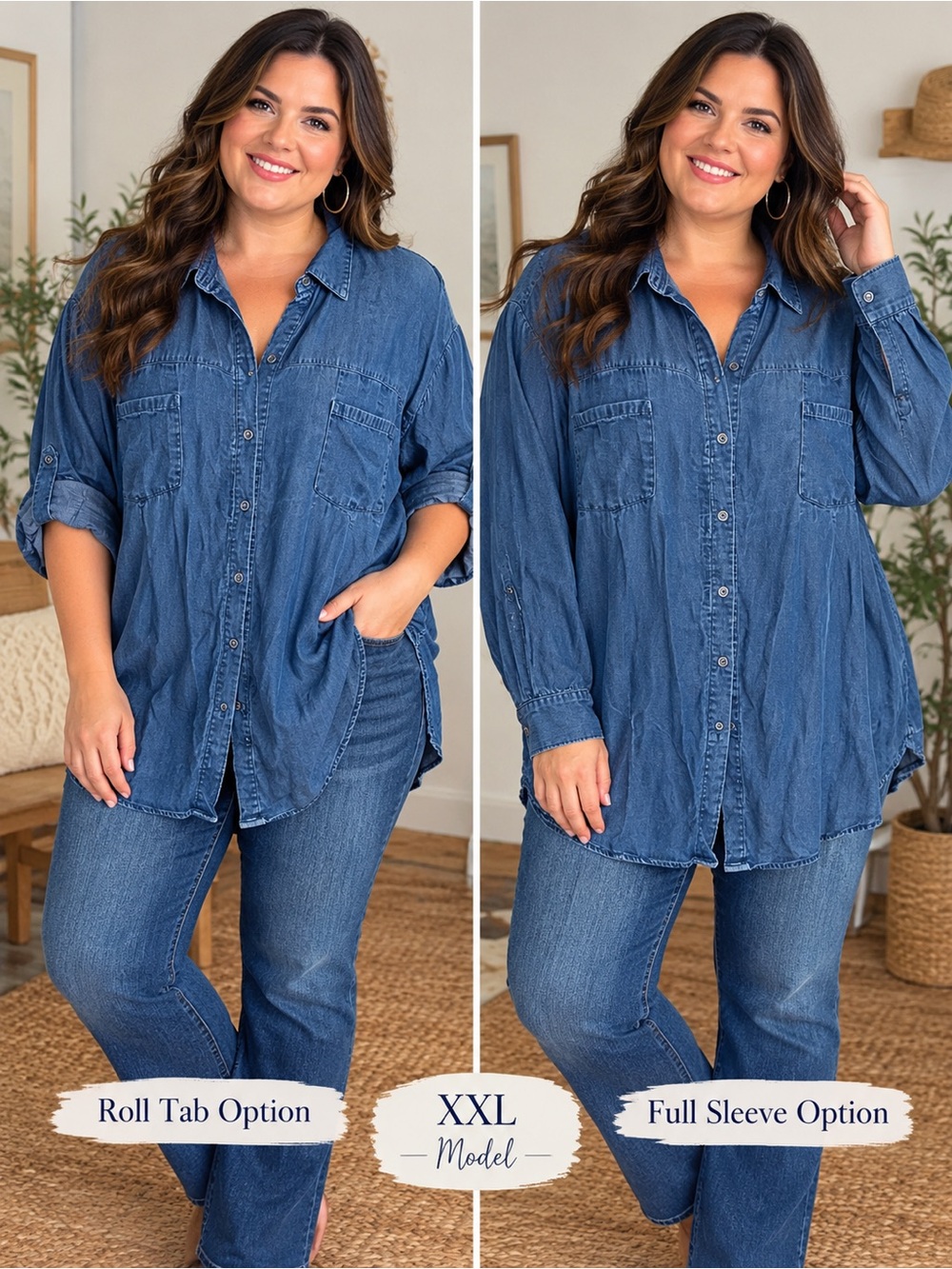Style & Co Denim Chambray Button Up Top Roll Tab Sleeve Western Boho Shacket XXL